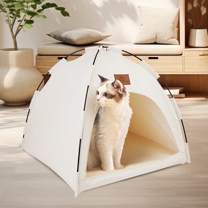펫미팅 고양이 강아지 반려동물 사계절 텐트 하우스 + 방석, 아이보리