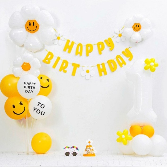 [피앤비유니티]데이지 가랜드 숫자기둥 생일풍선세트(모자,안경포함)