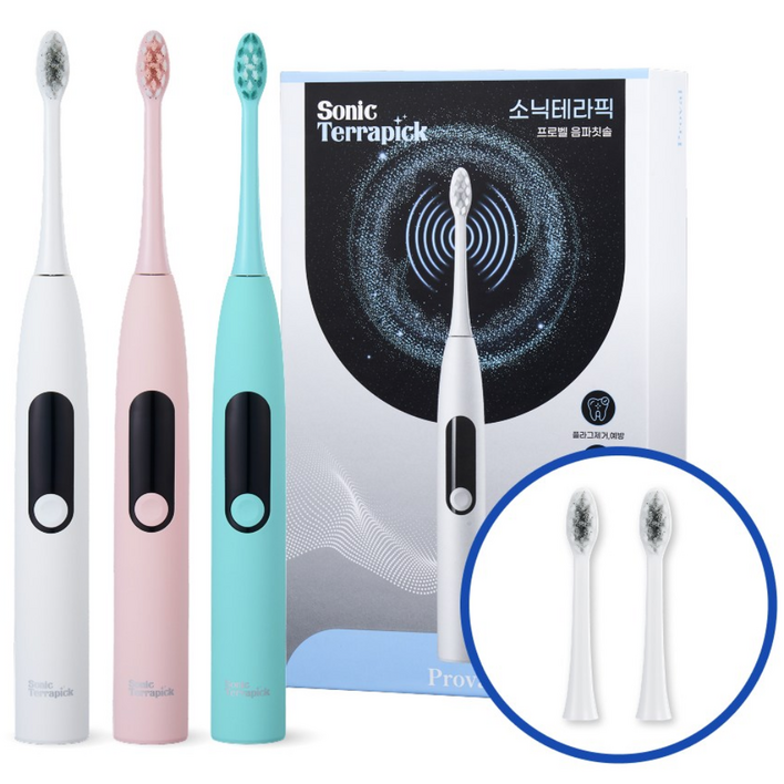치과약국추천 프로벨 음파전동칫솔 고급모델 5가지모드 방수 칫솔모2개, 2개, 민트민트, 소닉테라픽