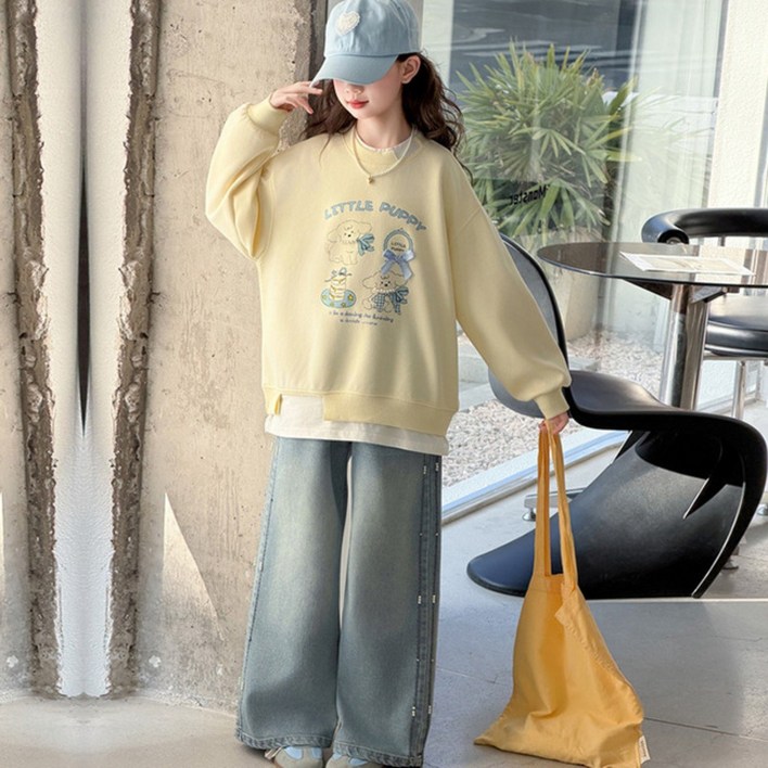 비비키드 여아 신상 주니어 상의 초등생 하의 세트 봄 가을 세트 초중생 리본장식 강아지 일러스트 페이크레이어드 긴팔 데님 긴바지 초등생 상하세트 F006