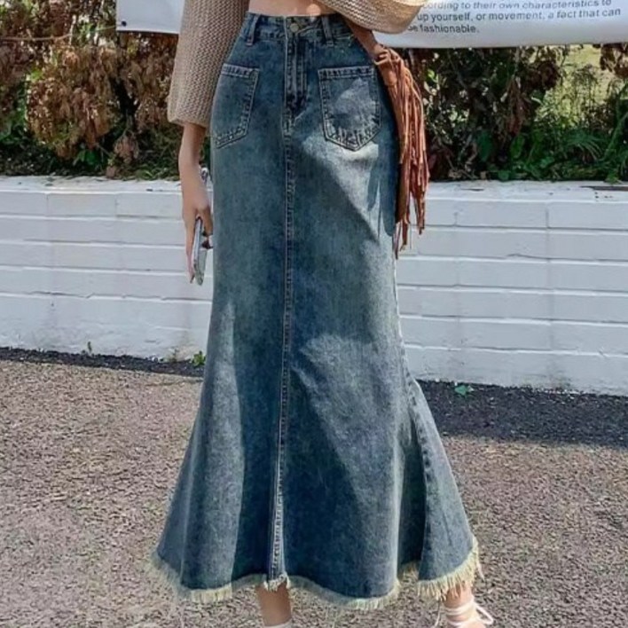 SAHINER 여성 데님 머메이드 스커트 밑단 프린지 봄가을 데일리룩 BQZ52