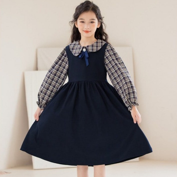 해피델리 주니어 러브송 리본체크 카라BL  원피스 세트  체크블라우스원피스  클래식 긴팔 플레어 셔츠원피스룩