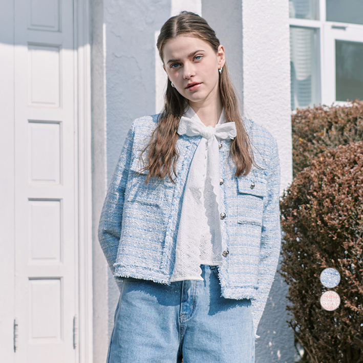 비키 여성용 수술 트위드 라운드넥 자켓 TIJAA7101