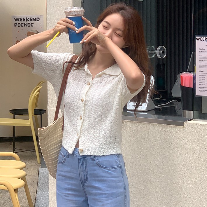 니썸 여성용 팡팡 카라 반팔 가디건 2