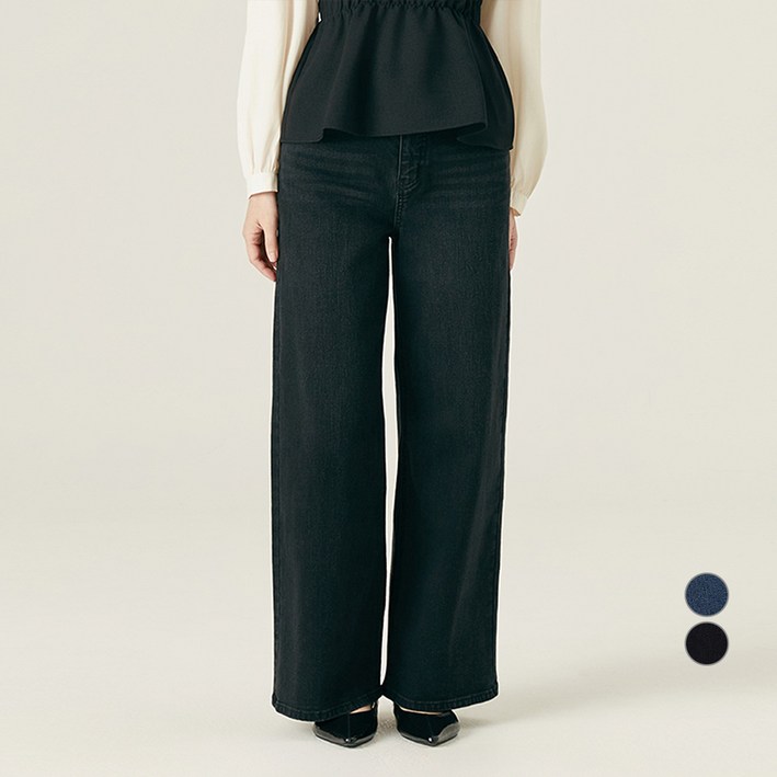 로엠 여성용 기본/숏 기장 핏 미 기모 와이드 데님 팬츠