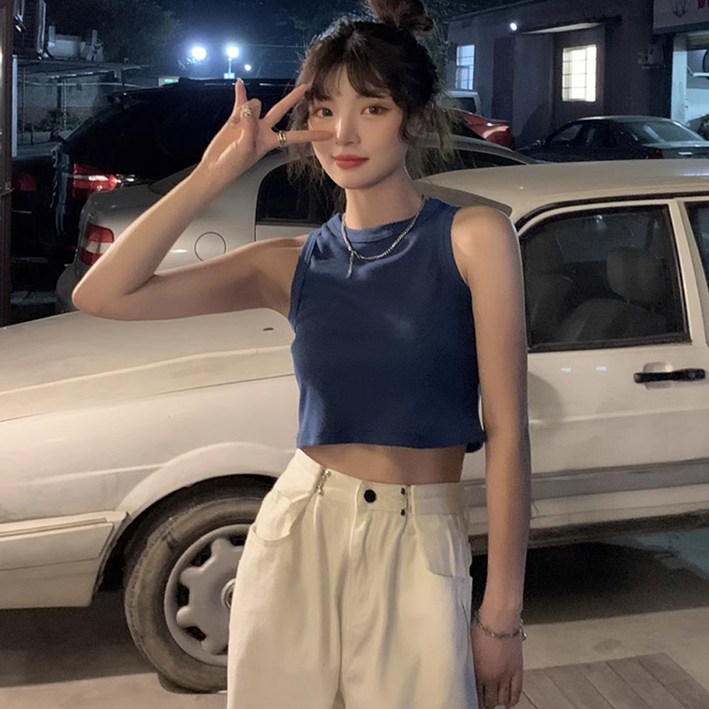 엘쏘 여성용 심플 라운드넥 크롭 나시 티셔츠