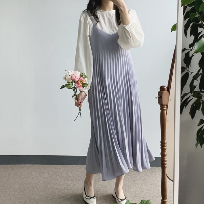 여리핏 데이지클로젯 위위 플리츠 브이넥 뷔스티에 나시 롱원피스 봄 여름 가을 간절기 민소매 A라인 플레어 레이어드 끈원피스 기본템 여성 여자 부드러운 오버핏 청순 데일리룩