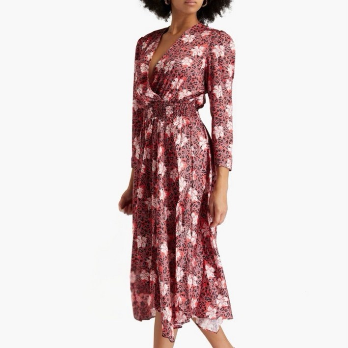 마쥬 Maje 레드 블랙 플로럴 크로스 프론트 스모크 미디 드레스 사이즈 36 스몰 5782626