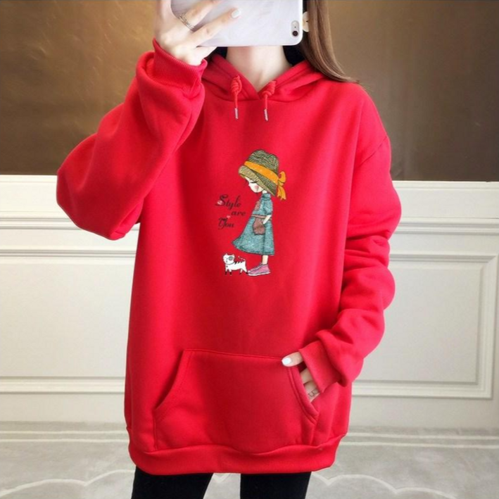 스타일아유 여성 캐주얼티셔츠 겨울 기모 후드 맨투맨 러블리소녀 오버핏 긴팔티 티셔츠 루즈핏 맨투맨 후드티 11컬러 [노마진] [AYB0TS0535]