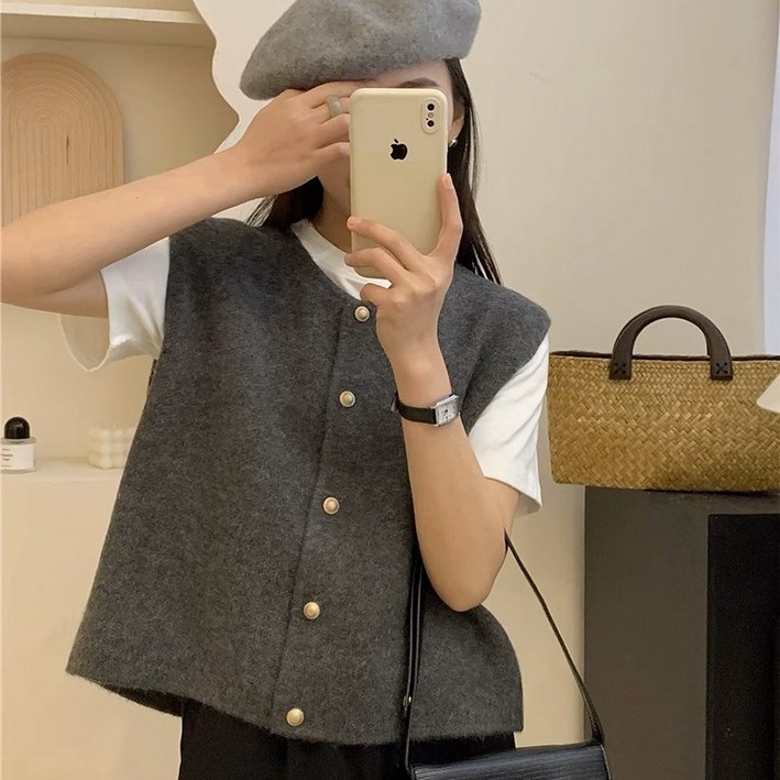 KDNC 여성 추동 조끼 니트 루즈핏 단추 베스트 아우터 카디건