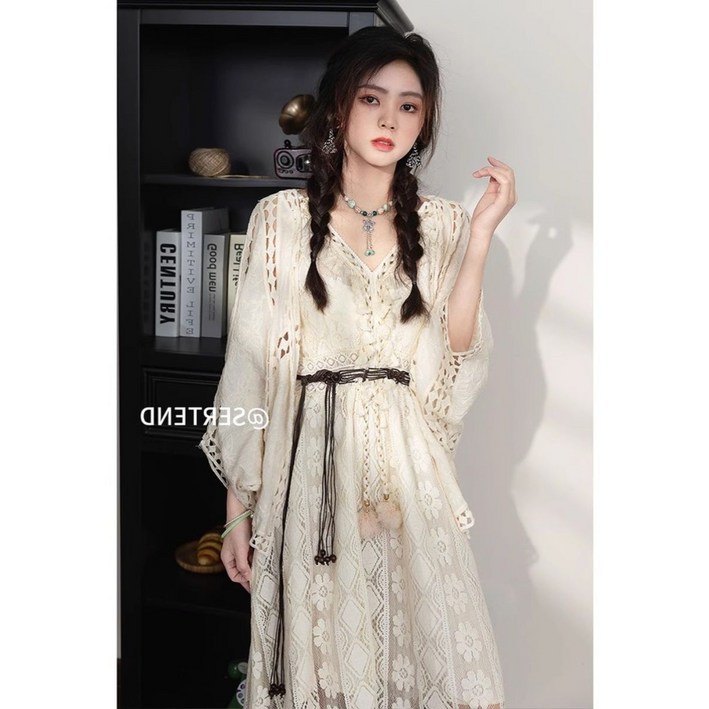 보헤미안 원피스 가디건 에스닉 투피스 빅사이즈 슬립 스커트 펀칭 보호 시크 룩 빈티지 여성