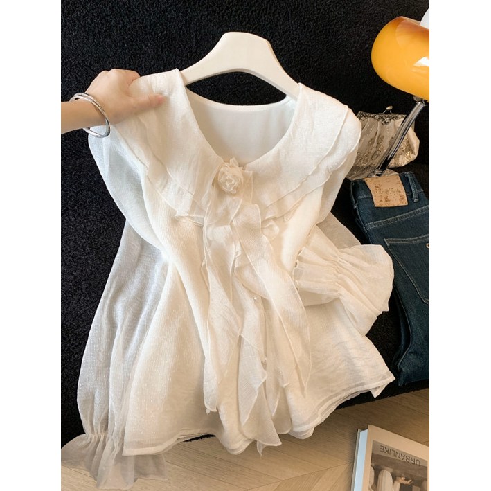 끄롱마제 쉬폰 긴팔 블라우스 러플 장식 리본 디테일 루즈핏 여성 상의 데일리 스타일