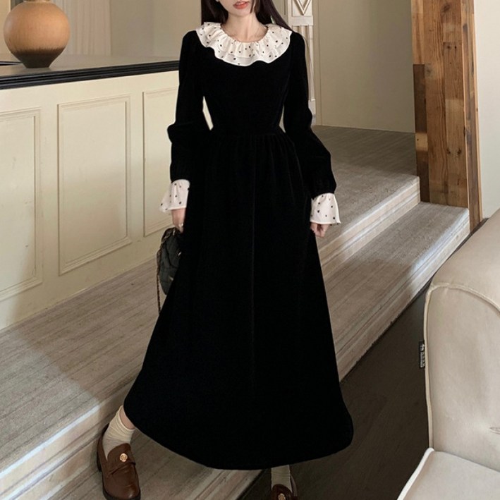 SAHINER 봄가을 여성 레이스 프릴 롱원피스 LWBQZ42