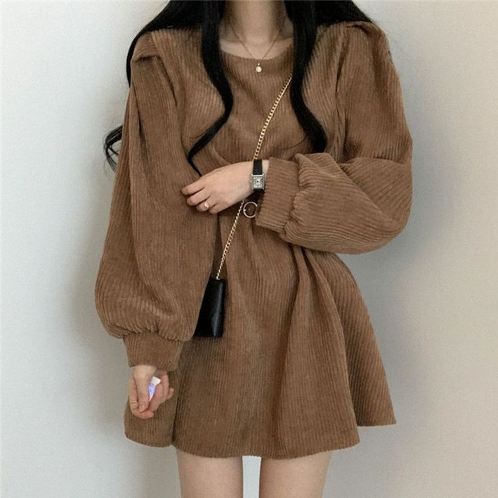 코듀로이 여성 겨울용 원피스 루즈핏 퍼프소매 허리벨트 데일리 미니드레스