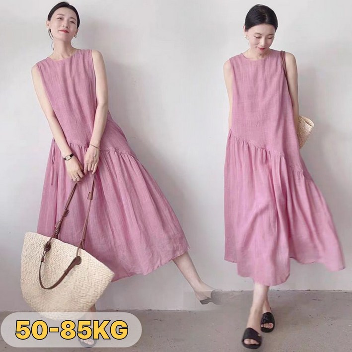 UNIQUEZON 여성 여름 린넨 민소매 원피스 오버핏 편안한 면마 플레어 바강스룩 빅사이즈