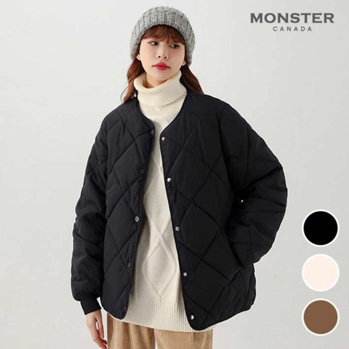 몬스터캐나다 여성 오버핏 누빔 패딩점퍼 두툼한 볼륨감 노카라 빅사이즈 데일리 점퍼