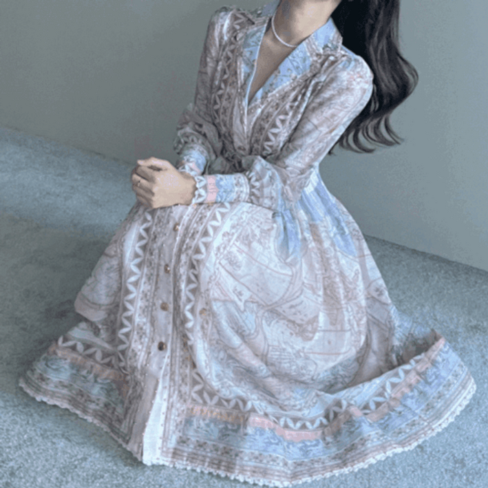 엘린무드 마클라쎼 긴팔 노방 오간자 벌룬 퍼프 자수 브이넥 A라인 플레어 롱 벨트 짐머 여신 촬영용 롱 원피스