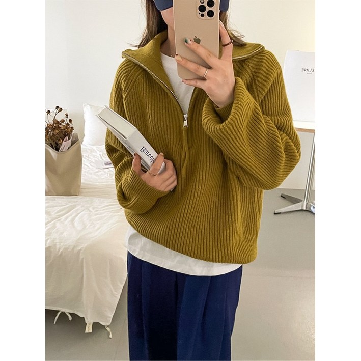 여성 오버핏 루즈핏 데일리 터틀넥 반집업 카라넥 도톰 소프트 긴팔 니트 뉴반집업니트