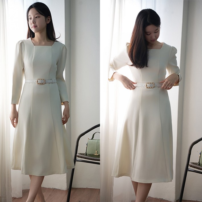 비비디아 여성용 신상 롱원피스 스퀘어넥 벨트 하객룩 오피스룩 봄가을 단정한 정장 원피스 5538