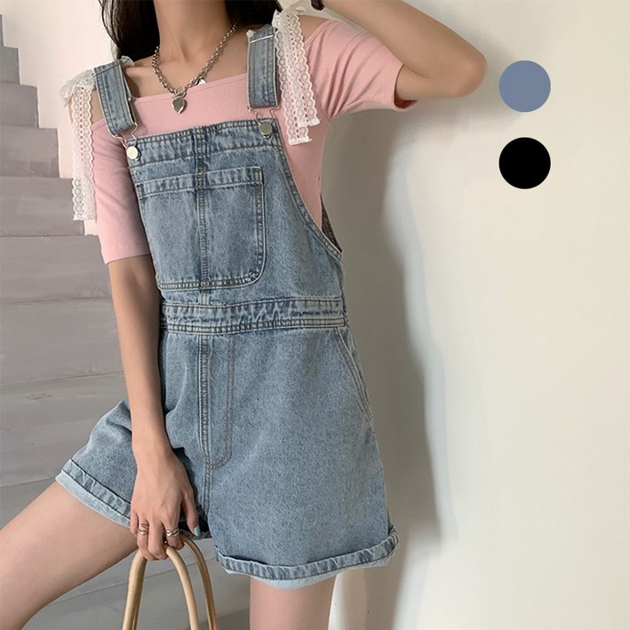 치유쿠 여자 여름 와이드 멜빵 연청 반바지