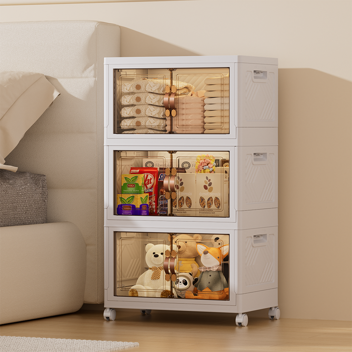 YEAAYE 더블 도어 멀티 레이어 접이식 수납함 바퀴 버전, 화이트