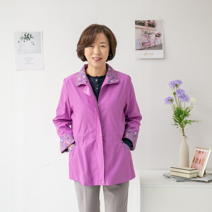 엄마옷마미소 꽃무늬 배색 사파리 재킷 국내생산 화사한 플라워 할머니 빅사이즈 40 70 마담 중년 여성 옷