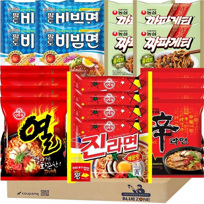 블루존 인기 봉지라면 5종 20개 신라면4 진라면매운맛4 짜파게티4 팔도비빔면4열라면4 라면스프, 1세트