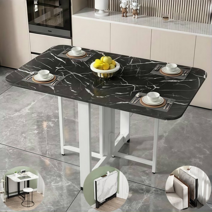 YAPOGI 설치 필요없음 가정용 다기능 확장 가능 대리석 무늬 우드 식탁 모조 세라믹식탁 접이식 식탁, 6인용, 블랙2