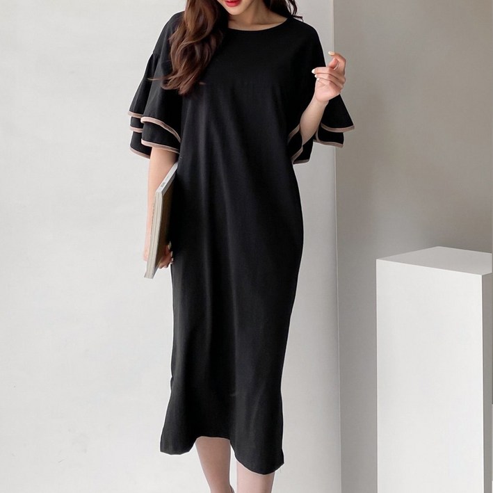 와일드펫 여성 히야 프릴 이중 소매 롱 원피스 루즈핏