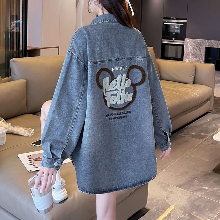 카카보보 여성 봄가을 오버핏 긴팔 셔츠 청남방 미키 캐릭터 자수 레터링 데님셔츠