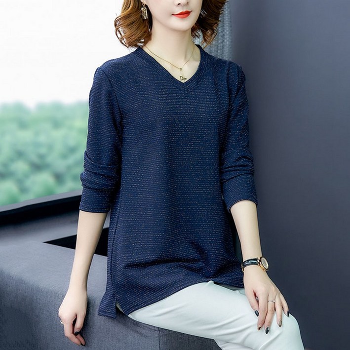 에디에퀸 여성용 봄가을  V넥 루즈핏 트임 빅사이즈 티셔츠