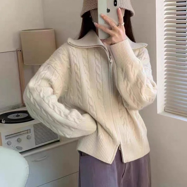 코지엘바 여성 겨울 케이블 니트 꽈배기 캐시미어 카라 집업 가디건