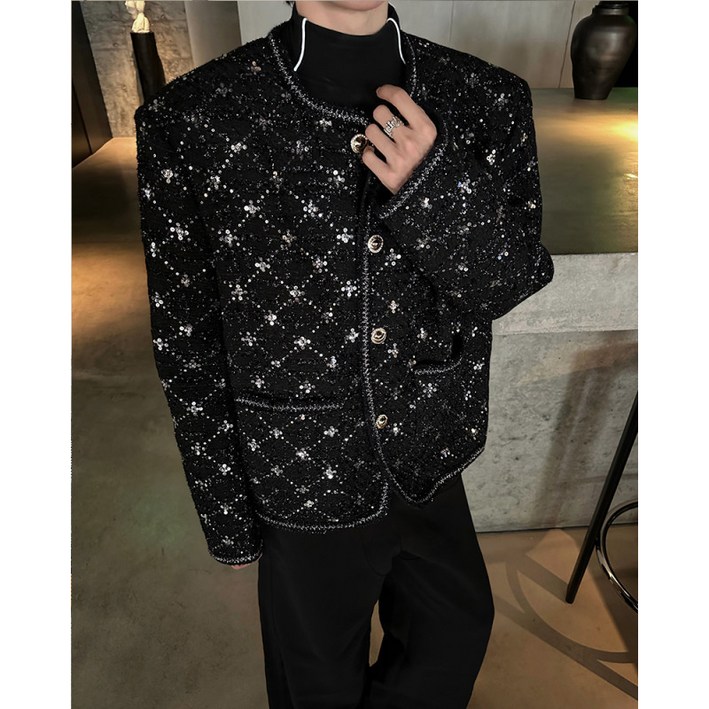 남성 트위드 자켓 체크 스팽글 자수 노카라 스타일 큐빅 장식
