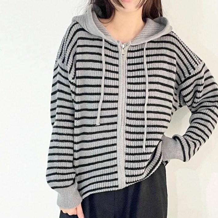 에일룸 오버핏 스트라이프 후드 니트집업
