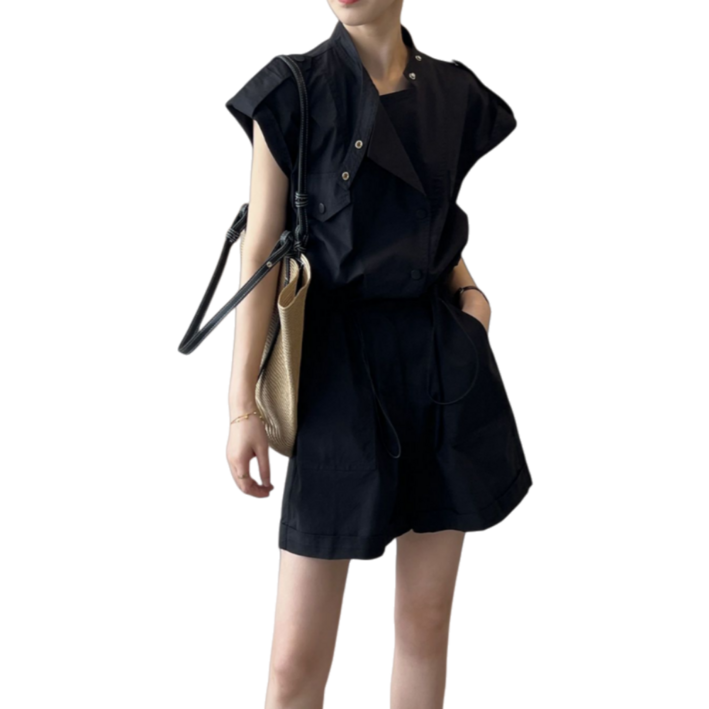 Makone 여성 캐주얼 반팔 허리 스트랩 점프수트