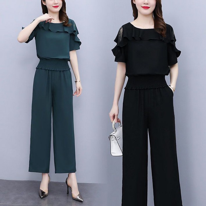 여름 여성 프릴 하객룩 투피스 반팔 블라우스 상의+와이드핏 일자바지 블랙 정장세트 오피스룩 예쁜 중년엄마옷