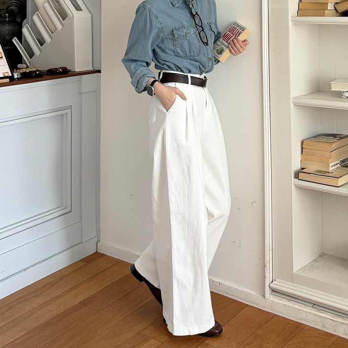 잇진 여성 2단기장 선택 모노 투핀턱 와이드 코튼 팬츠 면바지