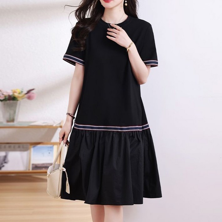 ORZQU 여성 여름 블랙 심플 캐주얼 루즈핏 반팔 원피스 A라인 플레어스커트