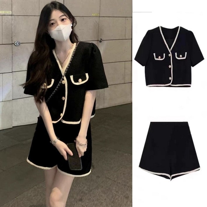 여성 소향풍 세트 캐주얼 봄 여름 반팔 상의 하이웨이스트 반바지 상하의 투피스 기질 소향풍 트위드 세트 ZZL