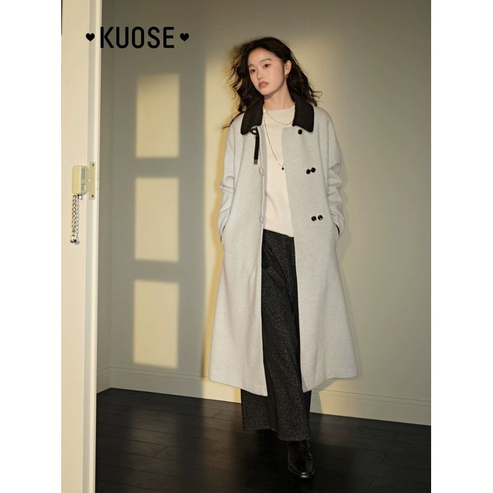 [KUOSE] 쿠오세 코트 살구색 라펠 모직 가을 겨울 더블 브레스트 롱