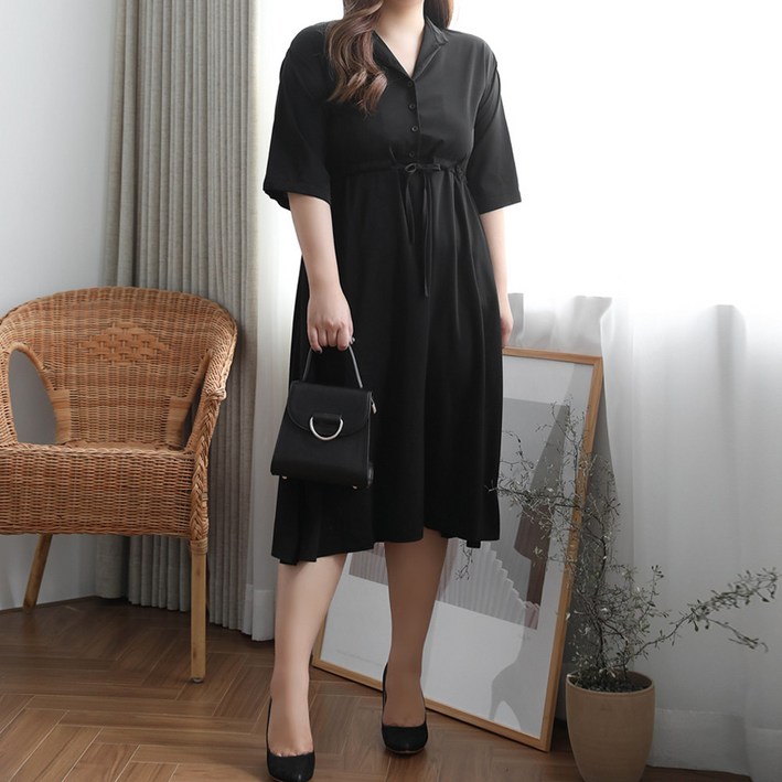 빅사이즈 여성 브이넥 셔링 쉬폰 플레어 오피스룩 단추 카라 셔츠 플레어 롱원피스 4XL