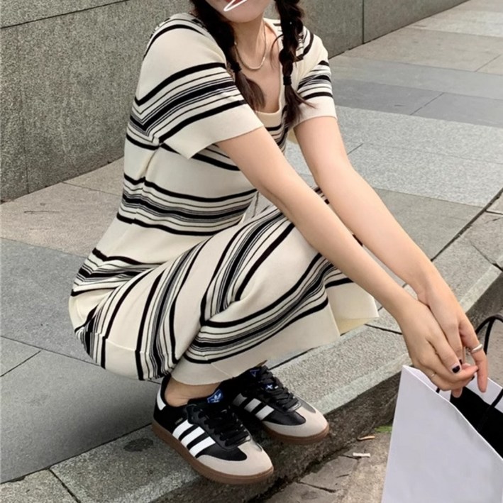 트릴리온 여성 스트라이프 롱 원피스
