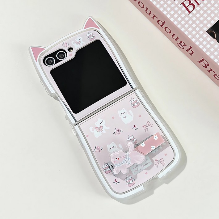 얌코 갤럭시 z플립3 z플립4 z플립5 z플립6 z플립7 힌지보호 스트랩 휴대폰 케이스 실리콘 핑크 고양이 귀