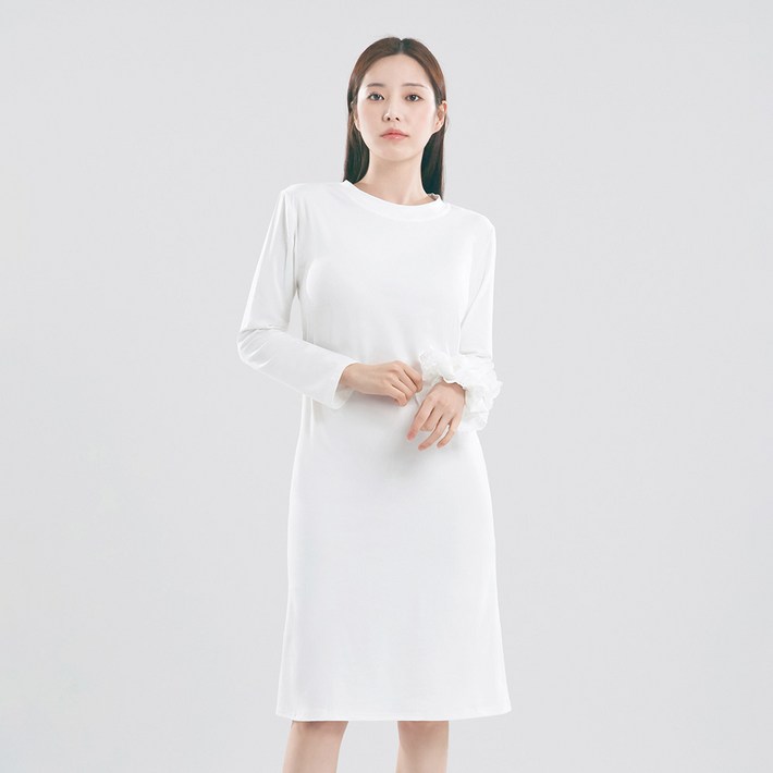 엘쏘 여성용 심플 무지 면 긴팔 롱 미디 원피스