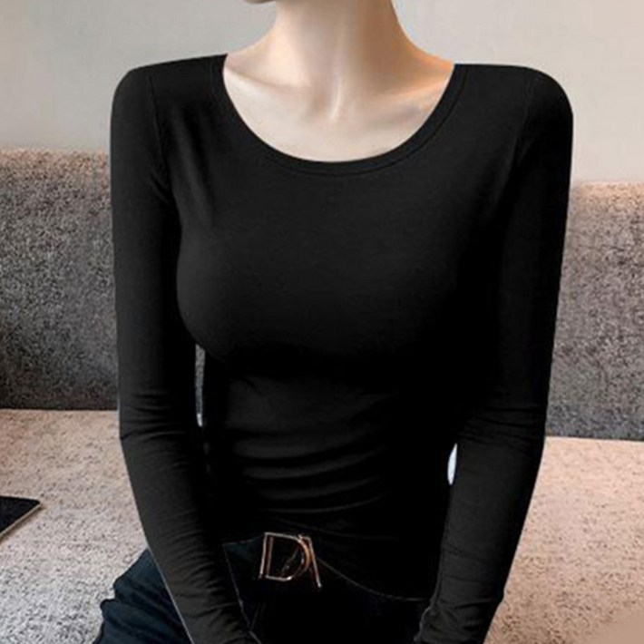 구디프 여성용 U넥 슬림핏 긴팔 데일리 기본 티셔츠