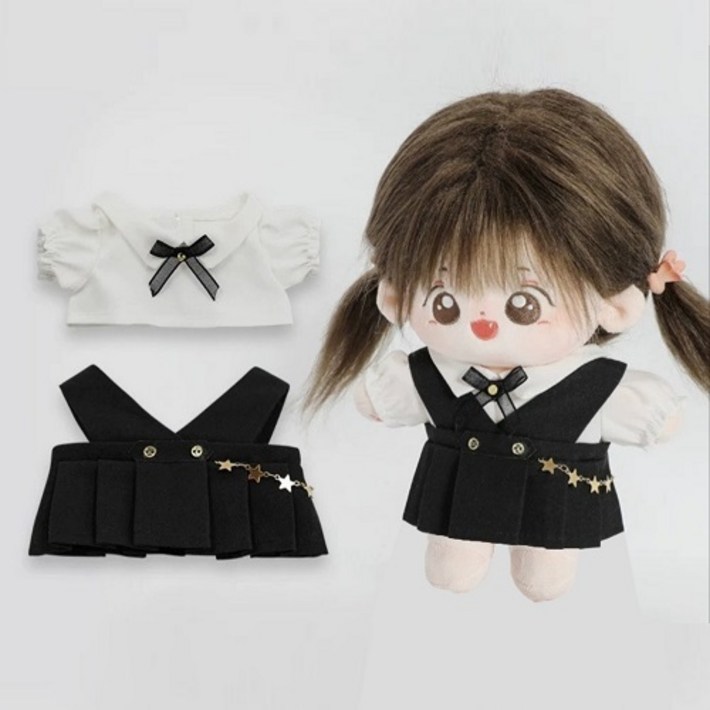 20cm 모카돌 솜인형 옷 오버롤 원피스 + 블라우스 세트