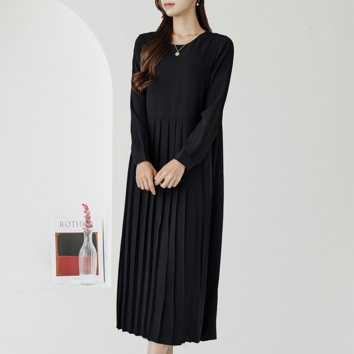 헤링본 긴팔 레이어드 플리츠 롱원피스 HE088