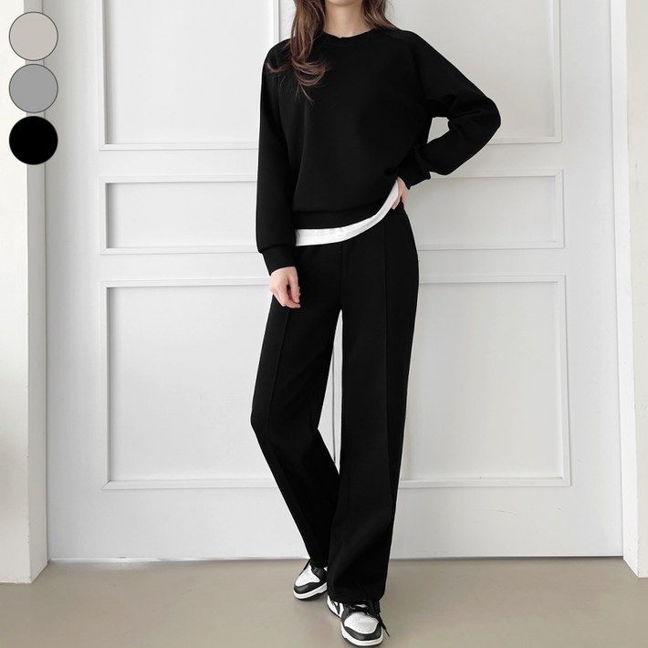 가비진 여성용 롱숏 2단기장 상하의세트 쫀쫀 스판 나그랑 맨투맨핀턱 밴드 일자바지 팬츠 트레이닝세트 빅사이즈까지