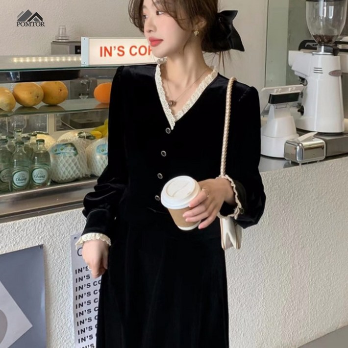 POMTOR 여성 가을 겨울 벨벳 롱 원피스 하객룩 레이스 트리밍