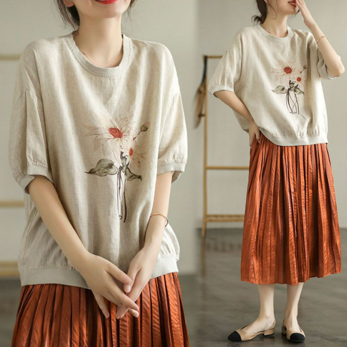 Asure 빅사이즈여성 면마 프린트 반팔티 루즈핏 빈티지 라운드 블라우스